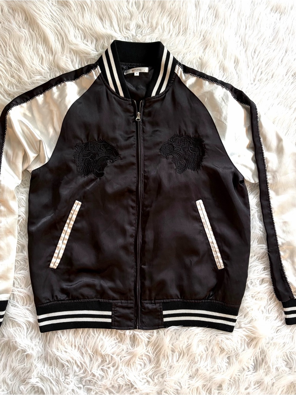 Maurices Satin Bomber Jacket Black White Contrast Trim Embroidered Sukajan Med